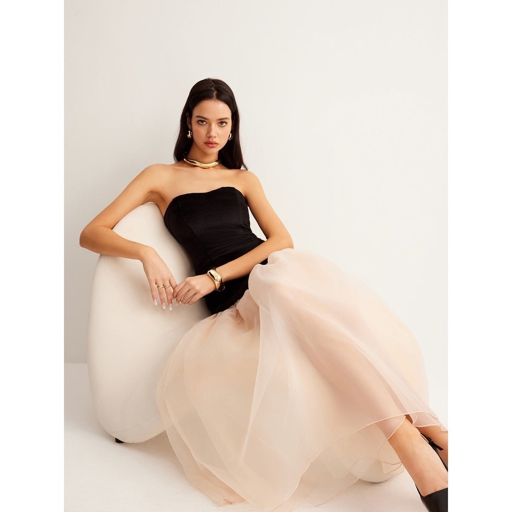Commense Semi-Sheer Velvet Panel Mesh Tube Dress Strapless Black  size S